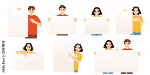 Young man and woman with holding pointing to the empty blank board together. Isolated vector illustration set