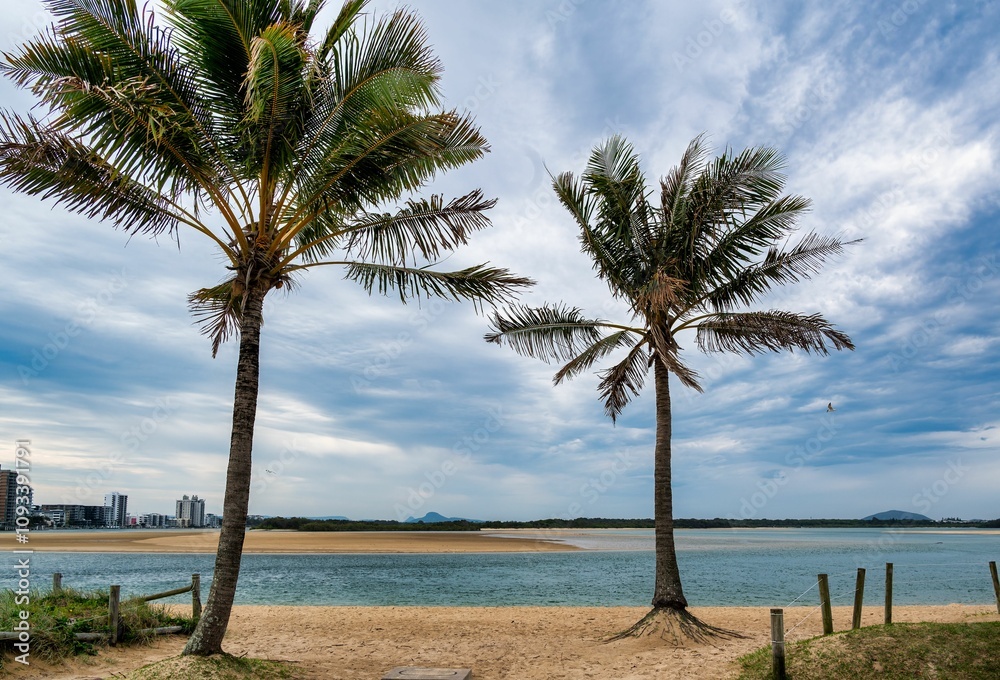 Tropical beach scene with palm trees and cityscape. Tropical beach scene with palm trees and cityscape.