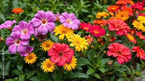 Vibrant flowers in a garden amidst lush greenery, blossoms, colorful