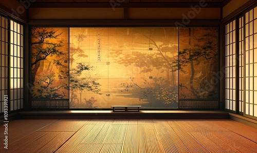 A vintage Japanese room, background. Traditional upper class Japanese style room with gold byobu style decorated walls. Hand-edited, Generative AI