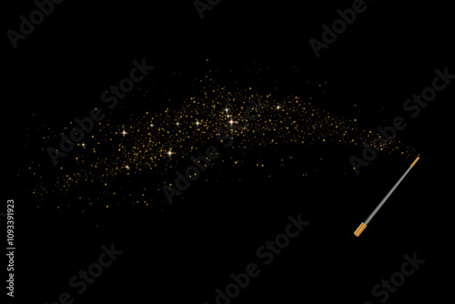Magic wand with golden swirl and sparkles isolated on transparent background. The magic scepter with stardust trail.