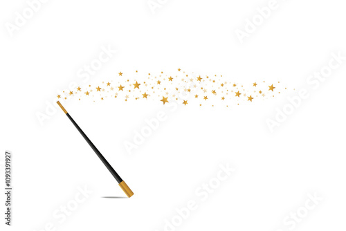 Magic wand with a stars on transparent background. Trace of gold dust. Magic abstract background isolated. Miracle and magic. Vector illustration flat design