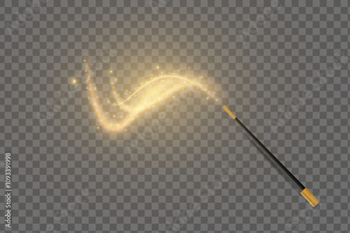 Magic wand with golden swirl and sparkles isolated on transparent background. The magic scepter with stardust trail.