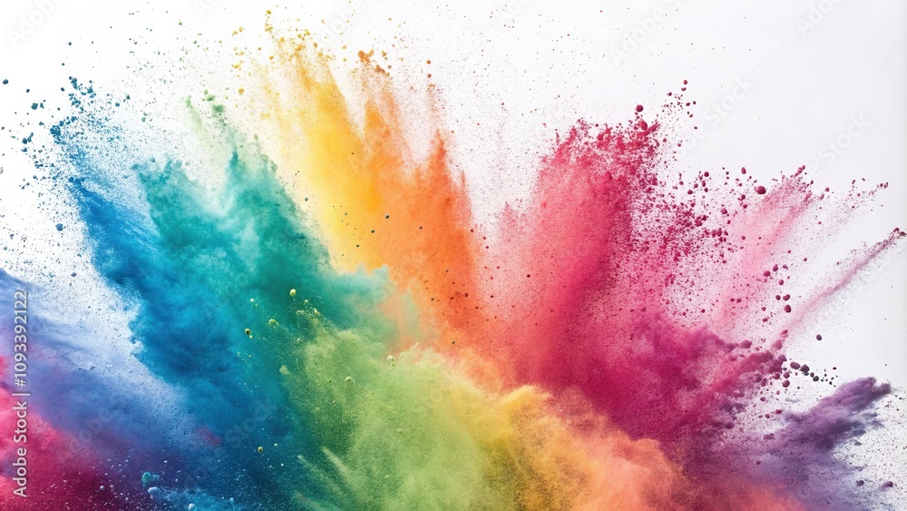 Vibrant rainbow colored powder explosion in a wide panoramic view background with isolated white space, rainbow colors, wide panorama background Vibrant rainbow colored powder explosion in a wide panoramic view background with isolated white space, rainbow colors, wide panorama background