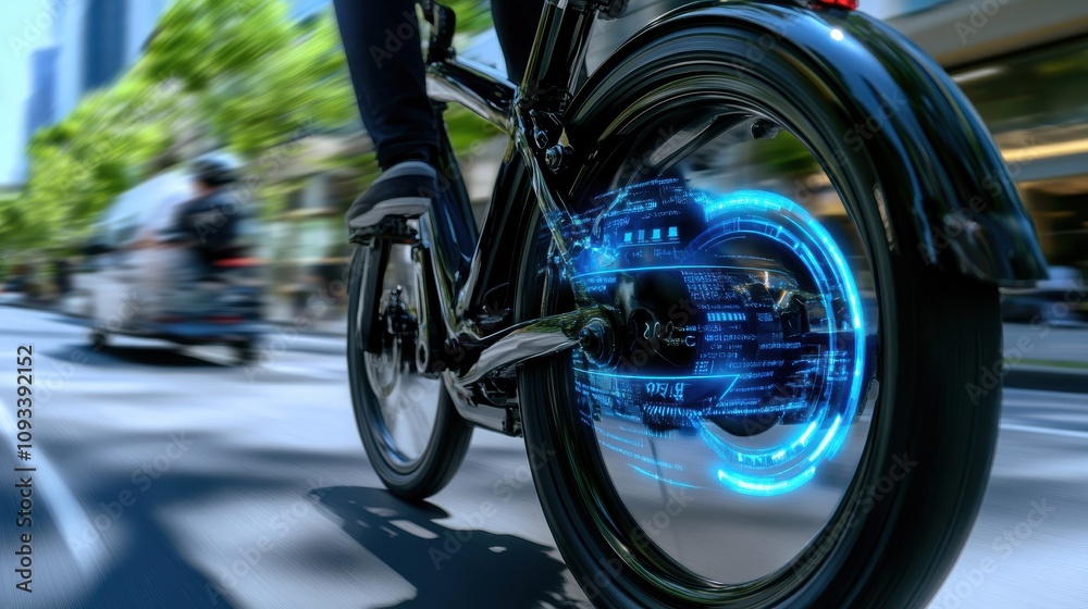 A person is riding a bike with a blue wheel A person is riding a bike with a blue wheel