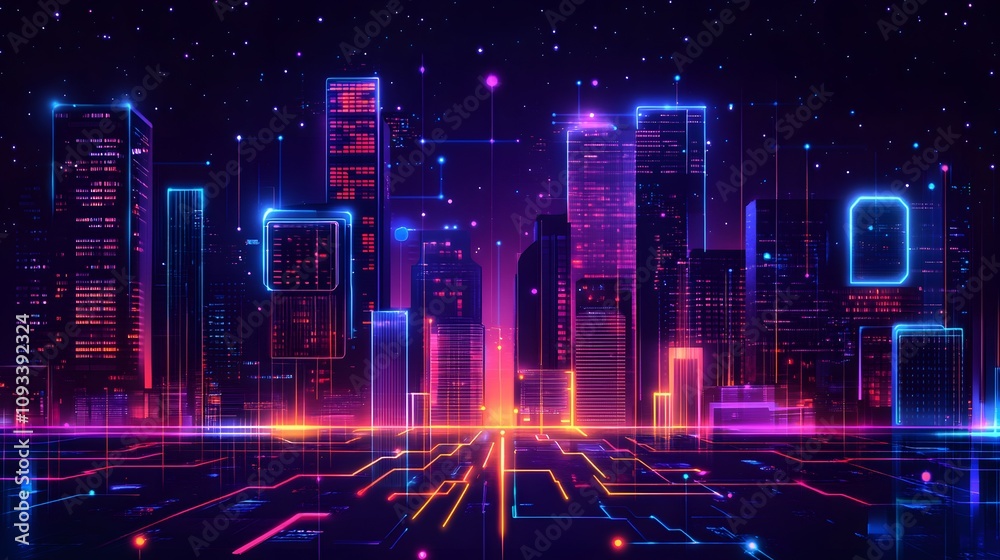 neon lights in shape of technology city