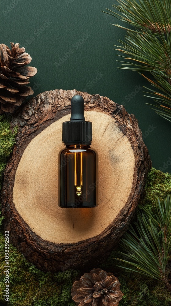 Natural essential oil bottle on wooden slice with pine cones and branches, moss on dark green background. Eco-friendly aromatherapy concept. Natural essential oil bottle on wooden slice with pine cones and branches, moss on dark green background. Eco-friendly aromatherapy concept.