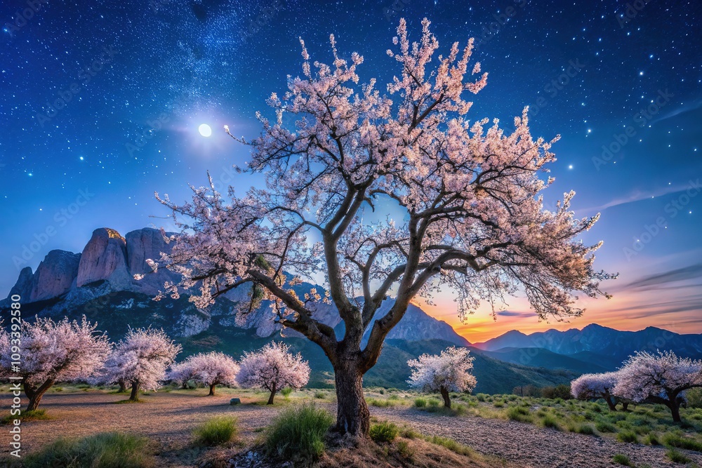 The gentle touch of twilight illuminates the delicate beauty of almond blossoms in Provence. The gentle touch of twilight illuminates the delicate beauty of almond blossoms in Provence.