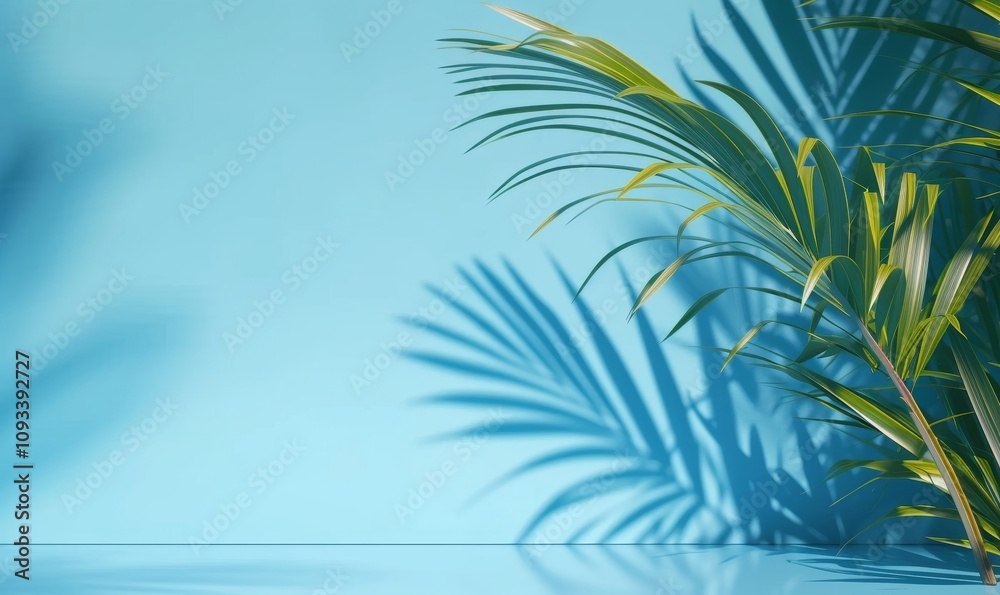 Blurred shadow from palm leaves on the blue wall. Minimal abstract background for product presentation. Spring and summer, Generative AI Blurred shadow from palm leaves on the blue wall. Minimal abstract background for product presentation. Spring and summer, Generative AI