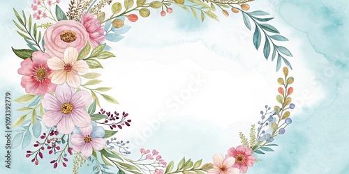 Watercolor background with a stylized floral wreath featuring intricate details and pastel colors, gardeninspiration, whimsical photo