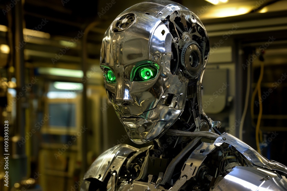 Futuristic Robot Close-Up with Green LED Eyes in High-Tech Environment | Advanced AI Technology Concept | Sci-Fi Inspired Machinery Futuristic Robot Close-Up with Green LED Eyes in High-Tech Environment | Advanced AI Technology Concept | Sci-Fi Inspired Machinery