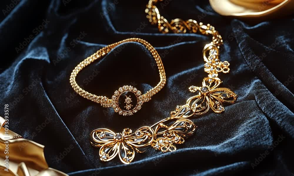 Elegant gold necklace and bracelet with black stones on dark blue velvet. Elegant gold necklace and bracelet with black stones on dark blue velvet.