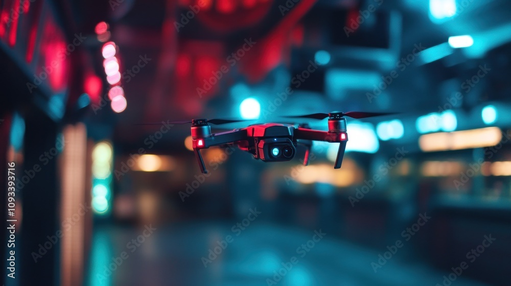 Fototapeta premium A Sleek Drone Capturing Stunning Aerial Footage in a Futuristic Urban Atmosphere with Vibrant Neon Lights and a Modern Architectural Background