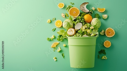 Vibrant compost bucket overflowing with fresh fruits and vegetables.