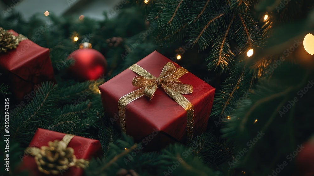 Festive red gifts with gold ribbons surrounded by lush pine branches and twinkling lights near a beautifully decorated Christmas tree Festive red gifts with gold ribbons surrounded by lush pine branches and twinkling lights near a beautifully decorated Christmas tree