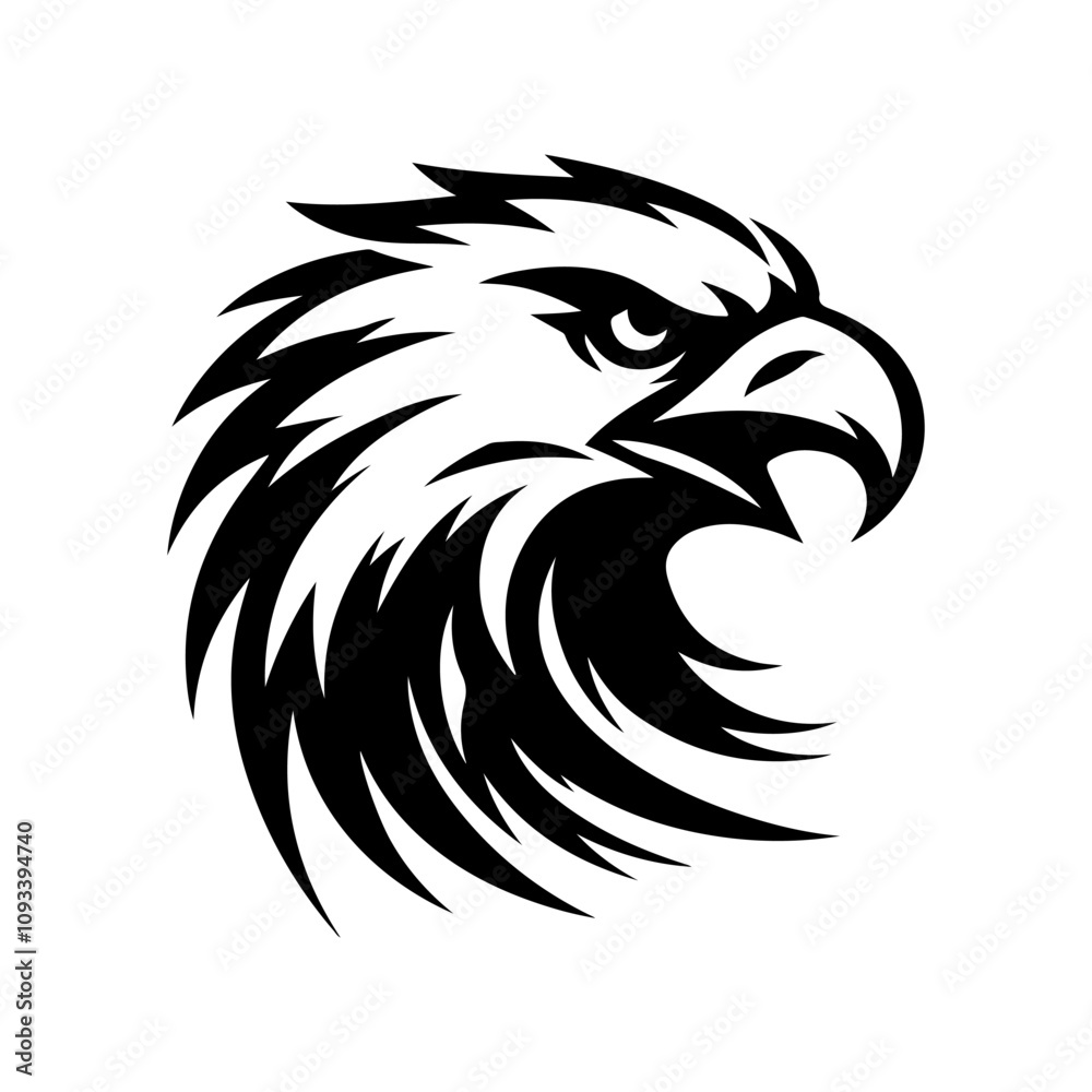 Black and white vector illustration of an eagle’s head.