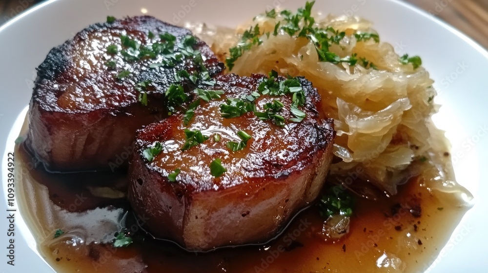 Savory boiled sauerkraut served with perfectly seared pork saddle medallions garnished with fresh herbs in a rich sauce.