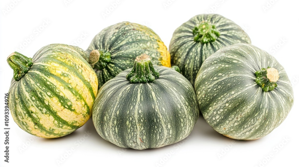 Ripe organic mixed squash with distinctive striped patterns on a clean white background, showcasing vibrant green and yellow hues. Ripe organic mixed squash with distinctive striped patterns on a clean white background, showcasing vibrant green and yellow hues.