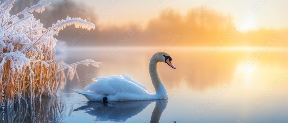 Fototapeta premium Majestic Swan Gliding on Serene Frosty Lake at Sunrise, Winter Landscape, Tranquil Nature Scene, Beautiful Wildlife Photography