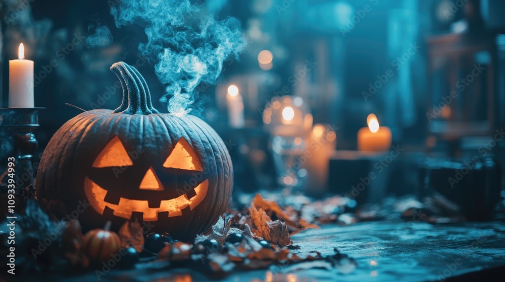Obraz premium Spooky Halloween Background with Glowing Jack-o'-Lantern, Flickering Candles, and Autumn Leaves for Trick or Treat Themes