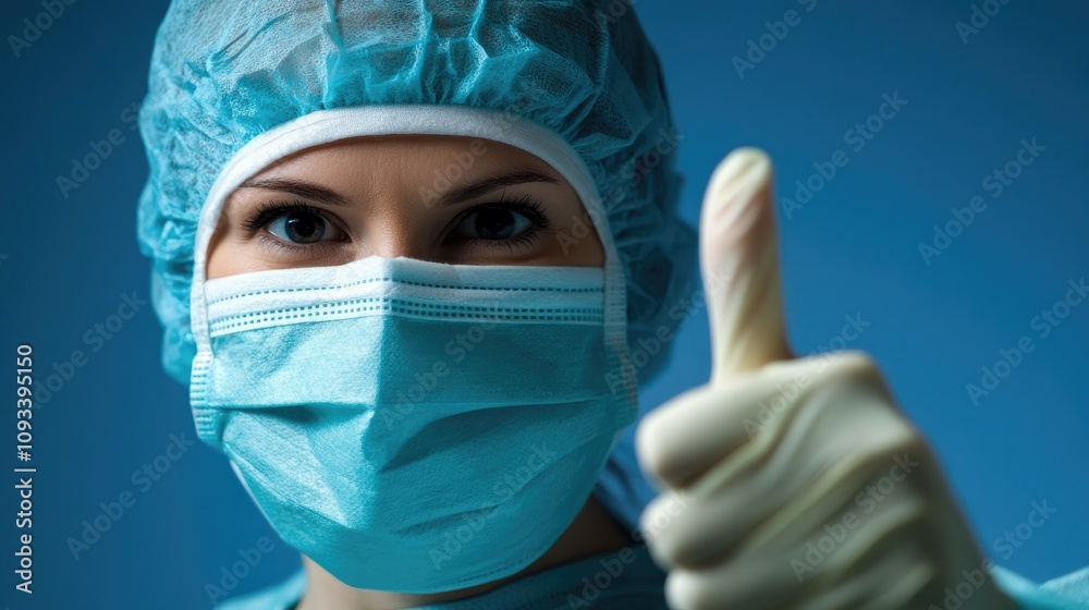 Health professional in medical mask and gloves giving a thumbs up, showcasing confidence in safety and protection against illness Health professional in medical mask and gloves giving a thumbs up, showcasing confidence in safety and protection against illness