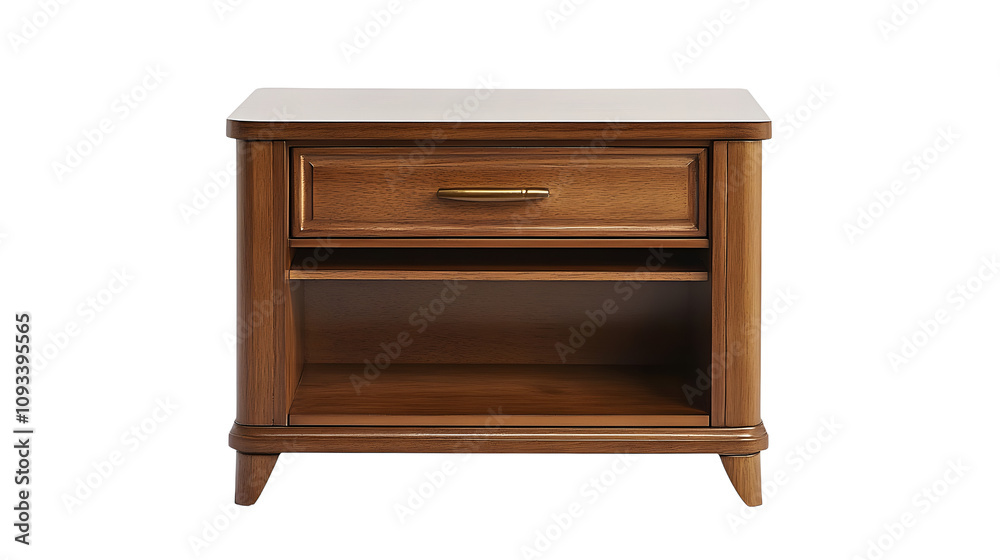 A compact wooden nightstand with a single drawer and an open shelf, isolated on a white background A compact wooden nightstand with a single drawer and an open shelf, isolated on a white background
