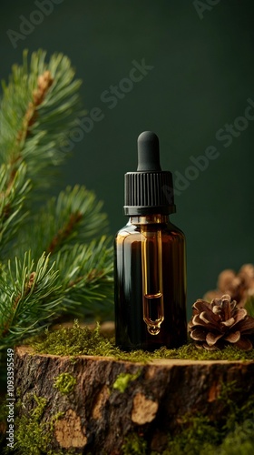 Essential pine oil dropper bottle on rustic wood slice with fresh pine branches and cone, embodying natural wellness and forest-inspired aromatherapy.