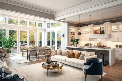 Kitchen and living room in stunning new luxury home with open concept floor plan. Includes view of dining room, Generative AI