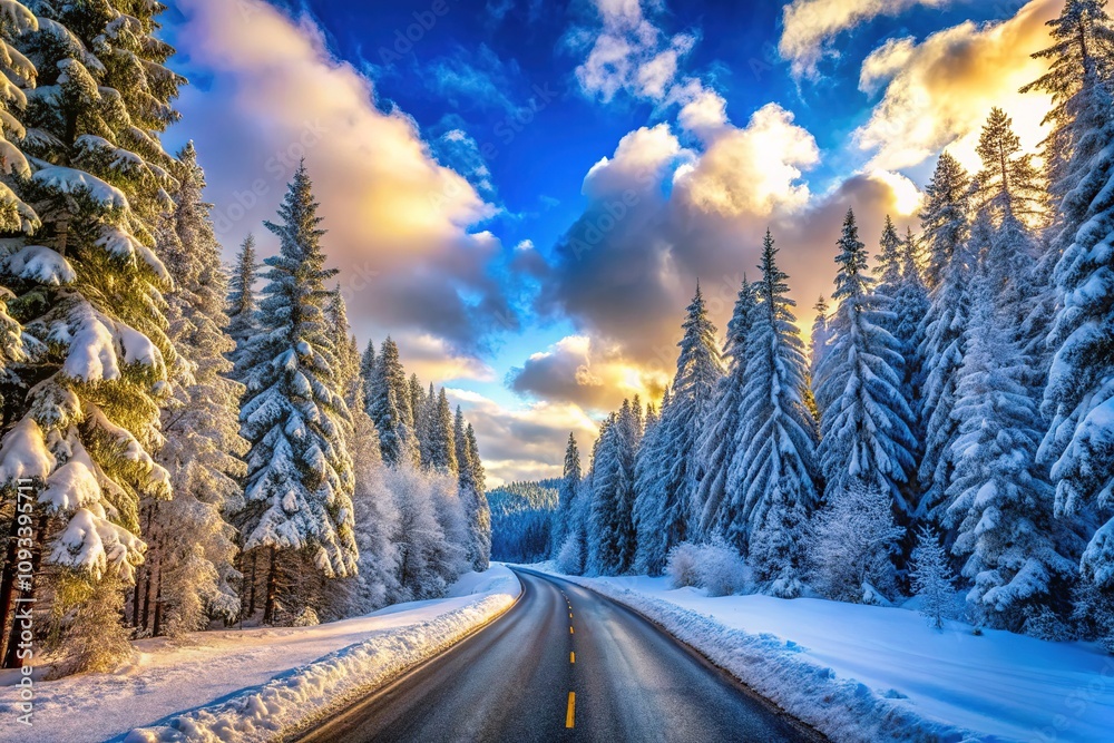 Fototapeta premium Tranquil winter scene with a snowy road leading through a frosty forest.