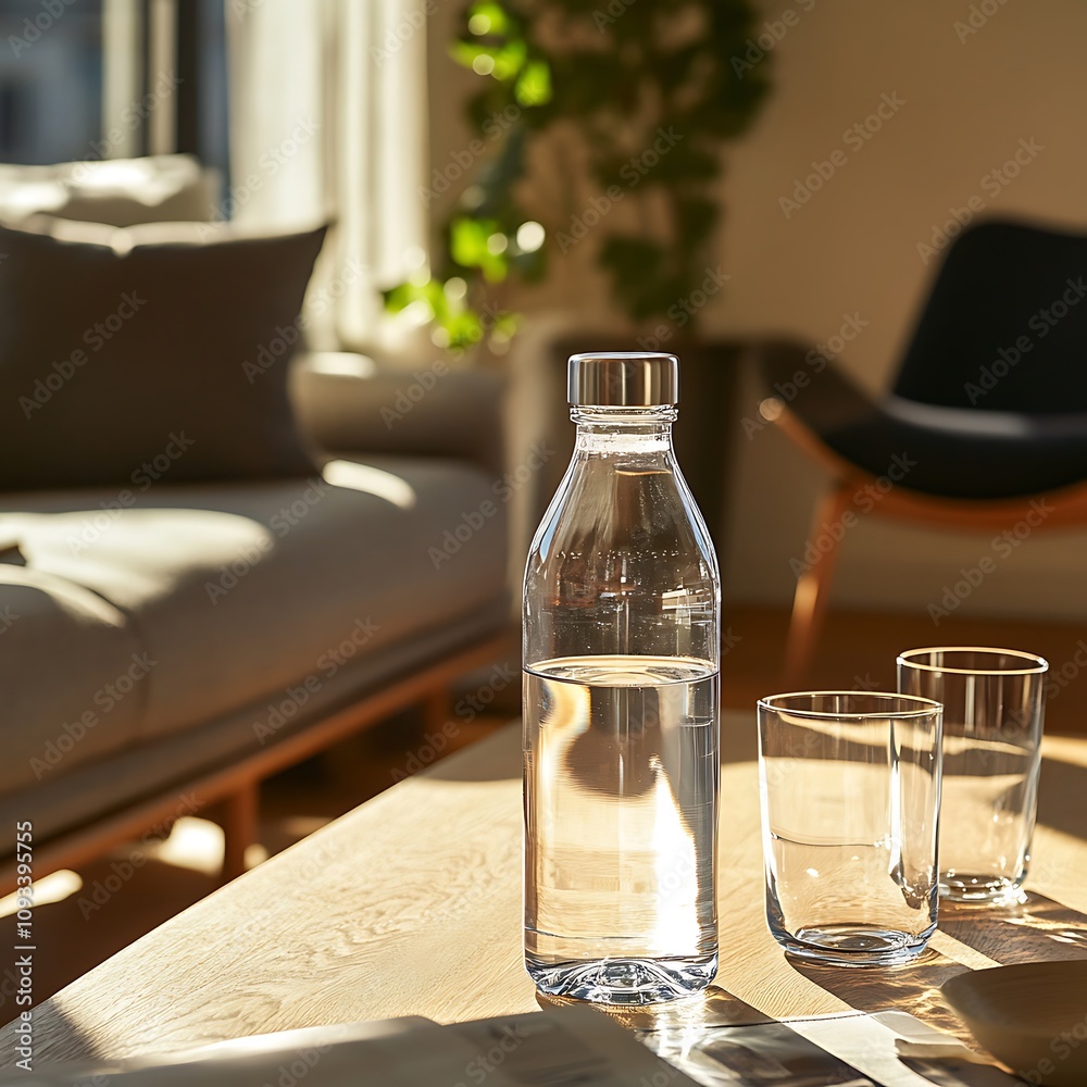 Water Bottle and Glasses on Wooden Table in Sunny Room Water Bottle and Glasses on Wooden Table in Sunny Room