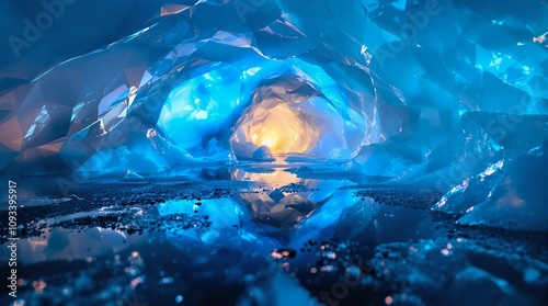 Ice cave with blue light inside. Close-up. Abstract background.