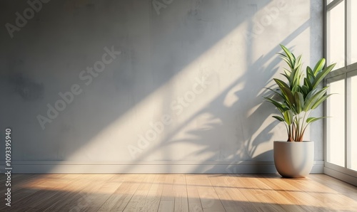 Light gray wall and and a wooden floor with a potted plant with interesting light glare. Empty background interior for the presentation. generated, Generative AI