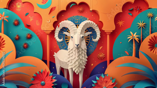 Ornate Paper Art Ram with Golden and Blue Details, Elaborate paper art of a dark blue ram with golden filigree, surrounded by a lively composition of orange and blue paper flowers and motifs.
