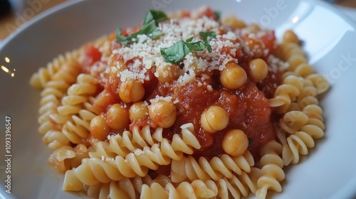 Wallpaper Mural Fussili pasta and chickpeas in a savory tomato sauce, garnished with fresh basil and grated parmesan for a nutritious vegan meal. Torontodigital.ca