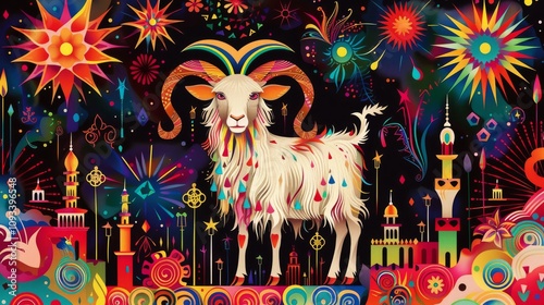 Eid Celebration Illustration with Decorative ram, Vibrant illustration depicting a festive sheep among ornate Islamic motifs, celebrating Eid with a backdrop of crescent moons and mosques.