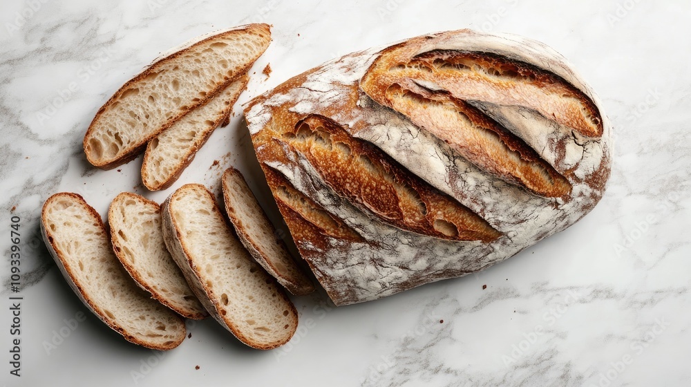 Artisan bread loaf with golden crust displayed on a marble surface, featuring neatly arranged, sliced pieces showcasing its soft interior. Artisan bread loaf with golden crust displayed on a marble surface, featuring neatly arranged, sliced pieces showcasing its soft interior.