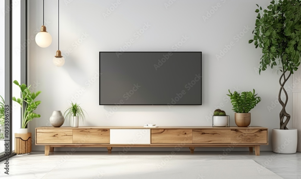 Mock up white wall background,Modern living room decor with a tv cabinet, Generative AI Mock up white wall background,Modern living room decor with a tv cabinet, Generative AI