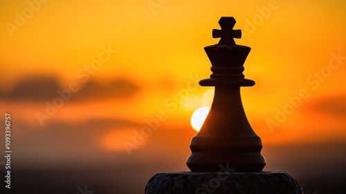 Silhouetted chess piece against a sunset horizon symbolizing strategic and visionary thinking essential for entrepreneurial success. photo