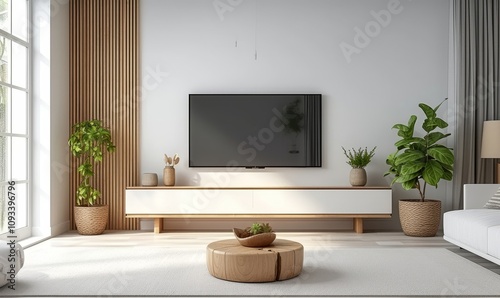 Mock up white wall background,Modern living room decor with a tv cabinet, Generative AI