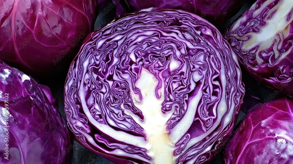 Obraz premium Vibrant red cabbage showcasing intricate purple and white patterns, with whole heads and a sliced section revealing its unique texture and natural beauty.