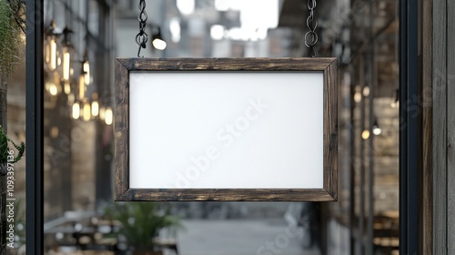 Vintage wooden sign on glass door of contemporary cafe, designed for advertising and marketing, featuring a blank space for customizable text. photo