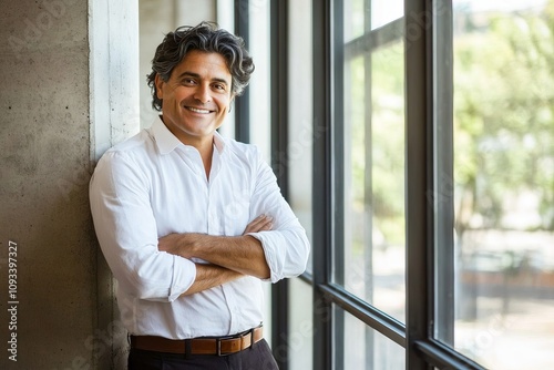 Free Download Smiling businessman with crossed arms standing by a window in a modern office, showcasing confidence and professionalism in a bright environment. - GFXLoad
