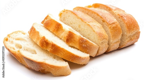 Freshly sliced bread displaying a golden crust and soft interior, arranged on a clean white background to emphasize its wholesome texture.