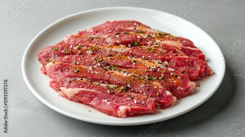 Freshly seasoned steak strips arranged on a white plate, showcasing vibrant red meat and colorful spices, set against a gray backdrop with ample text space.