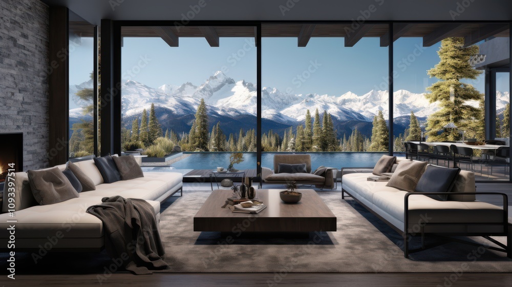 Fototapeta premium Modern interiors with plush seating overlook majestic mountain ranges through towering glass windows, blending comfort with breathtaking vistas.