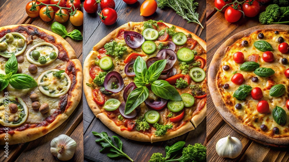 Veggie pizza menu, seen from three perspectives, a delicious visual essay. Veggie pizza menu, seen from three perspectives, a delicious visual essay.