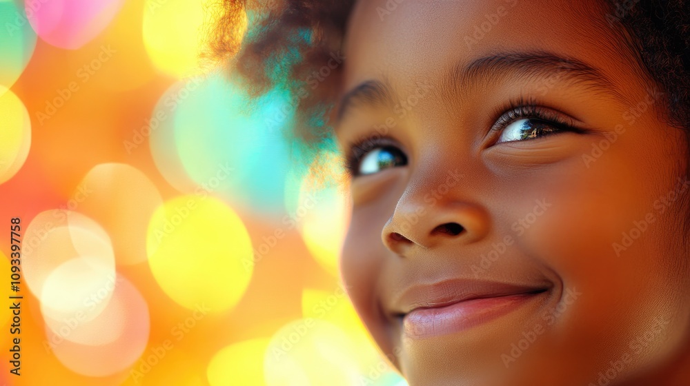 Joyful Close-Up of a Child's Grinning Face Surrounded by a Vibrant, Blurred Multicolored Background Joyful Close-Up of a Child's Grinning Face Surrounded by a Vibrant, Blurred Multicolored Background