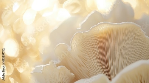 Intricate Mushroom Gills Illuminated by Sunlight against a Soft Bokeh Background