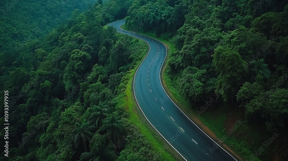 Scenic aerial view of a winding road cutting through a lush green forest, with a car speeding along, creating a blur of motion. The road, surrounded by towering trees
