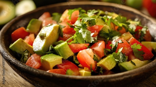 Fresh avocado and tomato salad with cilantro in a rustic bowl, showcasing vibrant colors and ingredients for a delicious Mexican culinary experience.